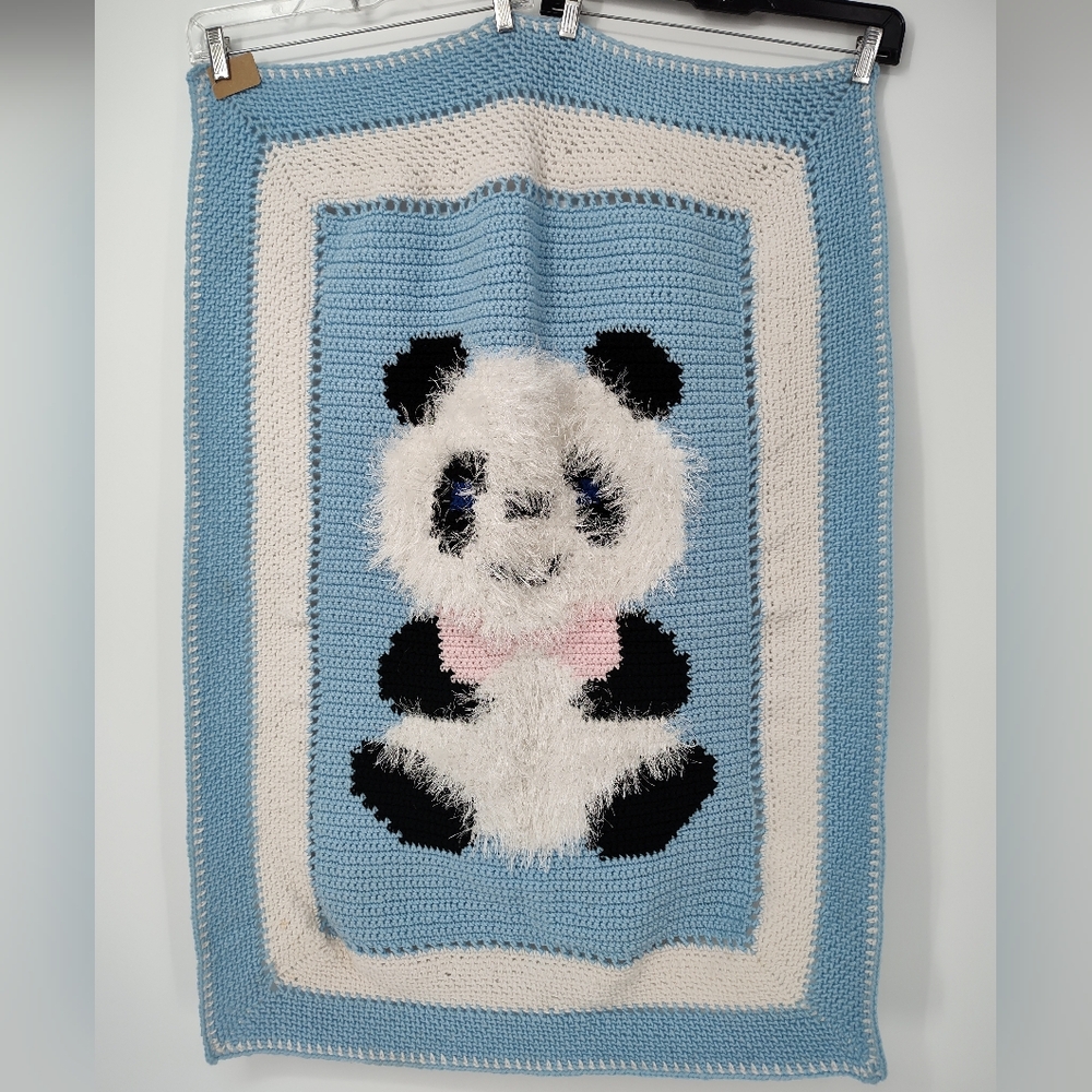 Handmade Blue and White Panda Crochet Baby Blanket